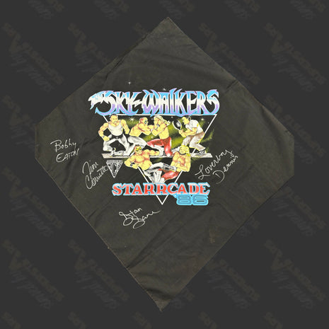 Bobby Eaton, Jim Cornette, Dennis Condrey, Stan Lane quad signed original Jim Crockett NWA Wrestling Starrcade 1986 Bandana
