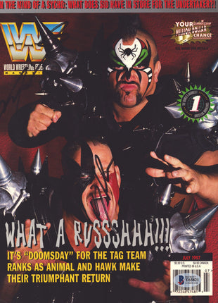 Road Warriors - Hawk & Animal dual signed WWF Magazine July 1997 (w/ Beckett)