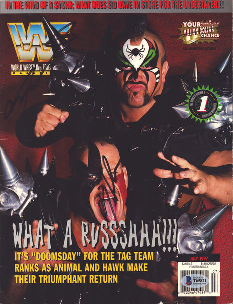Road Warriors - Hawk & Animal dual signed WWF Magazine July 1997 (w/ Beckett)
