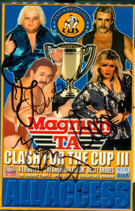 Dusty Rhodes, Magnum TA, Baby Doll triple signed All Access Backstage Pass