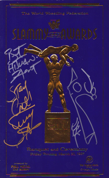Programa de los Premios Slammy de la WWF de 1997 firmado por triple firma de Sunny, Bret Hart y Shawn Michaels