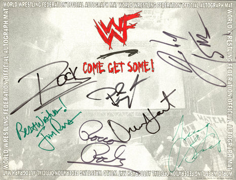 The Rock, Big Show, Owen Hart, Rocco Rock, Jerry Brisco & Jim Ross multi signed WWF Placemat (w/ JSA)