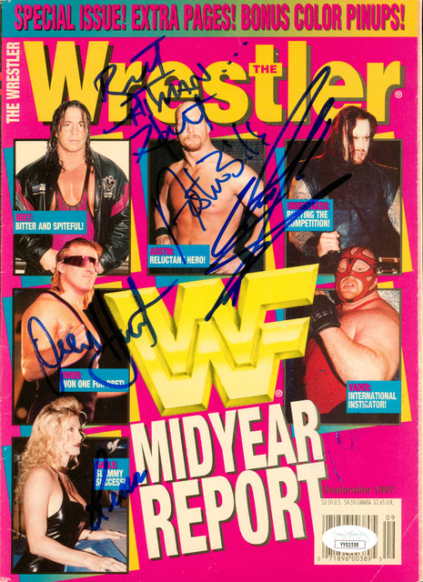 Undertaker, Owen Hart, Bret Hart, Steve Austin & Sable multi-signed Magazine Cover (w/ JSA)