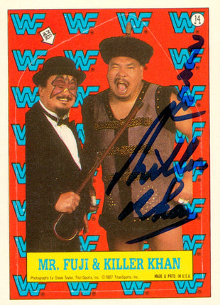 Killer Khan signed 1985 Topps WWF Trading Card Sticker