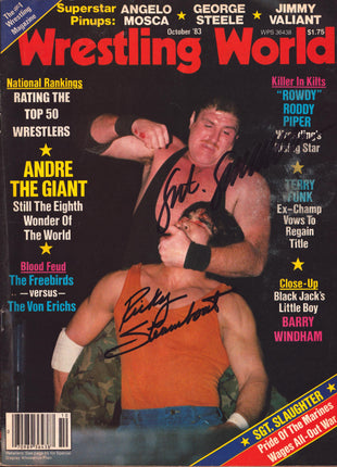 Ricky Steamboat, Sgt. Slaughter & Jimmy Valiant triple signed Wrestling World Magazine October 1983