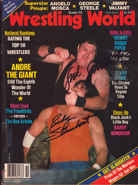 Ricky Steamboat, Sgt. Slaughter & Jimmy Valiant triple signed Wrestling World Magazine October 1983