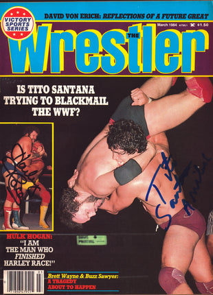 Harley Race & Tito Santana dual signed The Wrestler Magazine March 1984