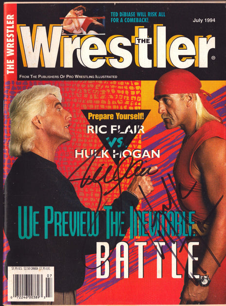 Ric Flair & Hulk Hogan dual signed The Wrestler Magazine July 1994