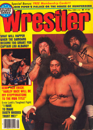 Harley Race, Afa & Sika triple signed The Wrestler Magazine May 1983