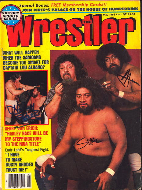 Harley Race, Afa & Sika triple signed The Wrestler Magazine May 1983