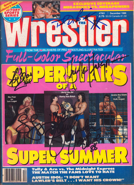 Hulk Hogan, Ted DiBiase, Jerry Lawler, Lex Luger & Ric Flair multi signed The Wrestler Magazine December 1988