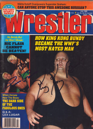 King Kong Bundy, Ric Flair & Ronnie Garvin triple signed The Wrestler Magazine July 1986