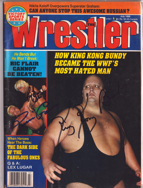 King Kong Bundy, Ric Flair & Ronnie Garvin triple signed The Wrestler Magazine July 1986