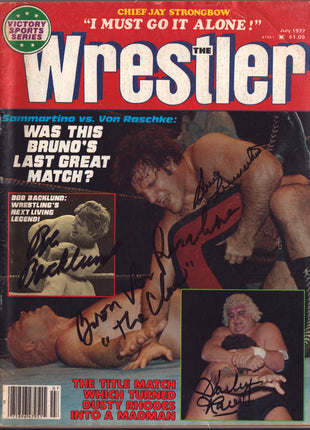 Bob Backlund, Bruno Sammartino, Baron Von Raschke & Harley Race quad signed The Wrestler Magazine July 1977