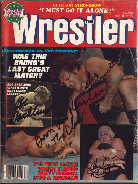 Bob Backlund, Bruno Sammartino, Baron Von Raschke & Harley Race quad signed The Wrestler Magazine July 1977