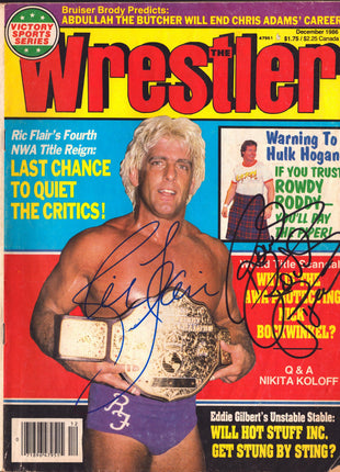 Rowdy Roddy Piper & Ric Flair dual signed The Wrestler Magazine December 1986