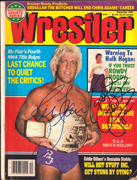 Rowdy Roddy Piper & Ric Flair dual signed The Wrestler Magazine December 1986