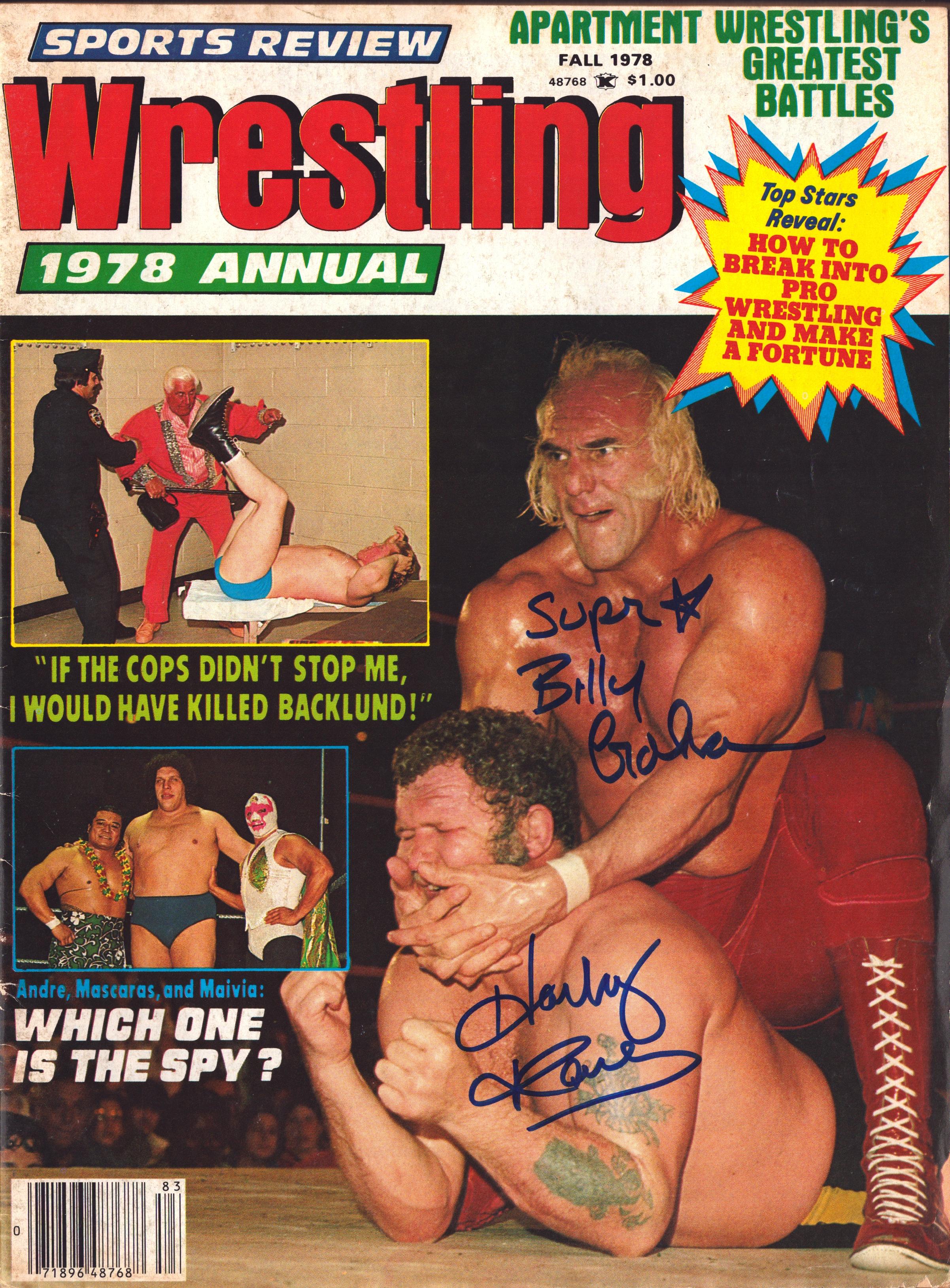 Billy Graham Harley Race dual signed Sports Review Wrestling Magazine Fall 1978