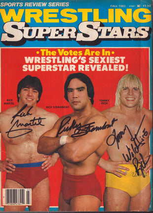 Rick Martel, Ricky Steamboat & Tommy Rich triple signed Sports Review Wrestling Superstars Magazine Fall 1982