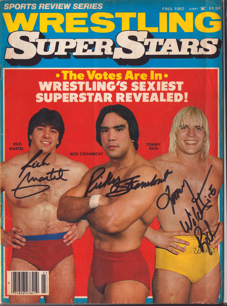 Rick Martel, Ricky Steamboat & Tommy Rich triple signed Sports Review Wrestling Superstars Magazine Fall 1982