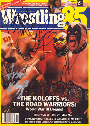 Hawk, Animal, Nikita Koloff & Ivan Koloff quad signed Wrestling 85 Magazine Fall 1985