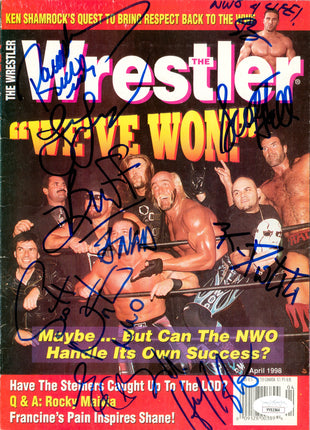 Hulk Hogan, Rick Rude, Scott Hall, Kevin Nash, Konnan, Eric Bischoff, Scott Norton, Lex Luger, Buff Bagwell signed The Wrestler Magazine April 1998 Cover (w/ JSA)