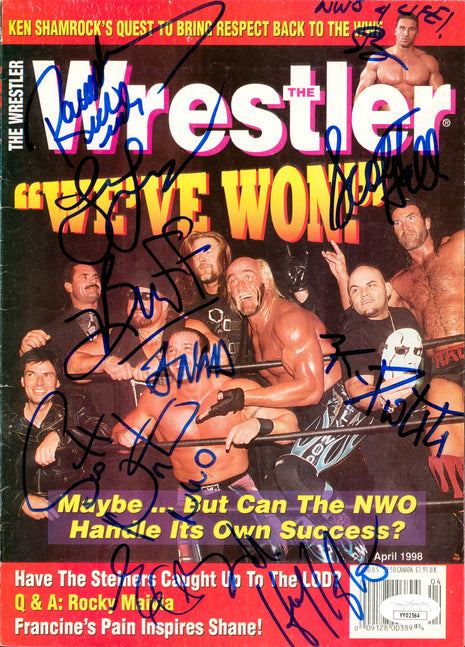 Hulk Hogan, Rick Rude, Scott Hall, Kevin Nash, Konnan, Eric Bischoff, Scott Norton, Lex Luger, Buff Bagwell signed The Wrestler Magazine April 1998 Cover (w/ JSA)