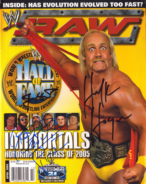 Hulk Hogan, Jimmy Hart & Rowdy Roddy Piper triple signed WWE Raw Magazine April 2005