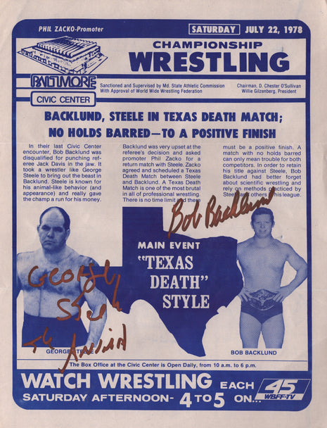 George Steele & Bob Backlund dual signed Wrestling Program July 22 1978