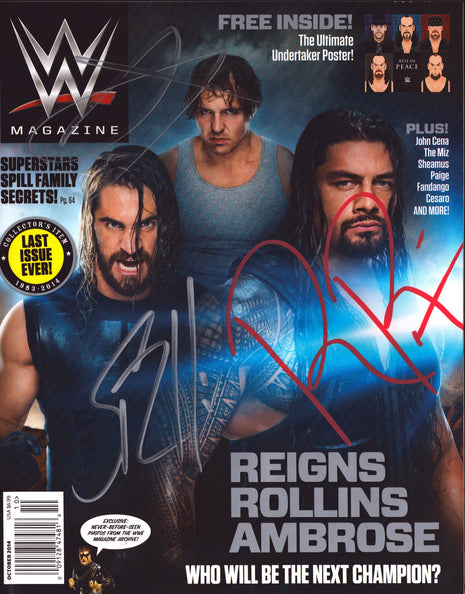 Roman Reigns, Dean Ambrose & Seth Rollins triple signed WWE Magazine October 2014