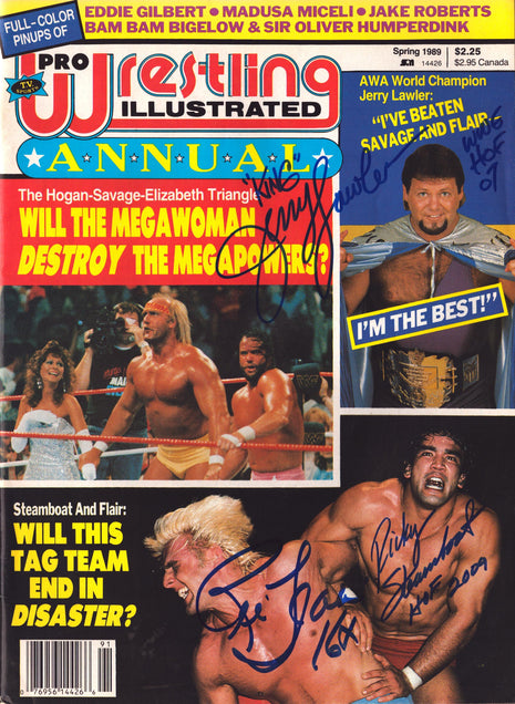 Jerry Lawler, Ric Flair & Ricky Steamboat triple signed Pro Wrestling Illustrated Magazine Spring 1989