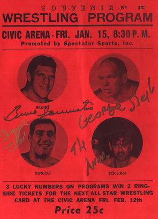 Bruno Sammartino, George Steele & Dominic DeNucci triple signed Wrestling Program
