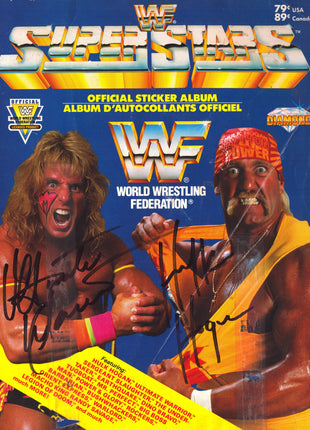 Hulk Hogan & Ultimate Warrior dual signed WWF Superstars Sticker Album