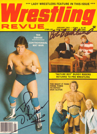 Ted DiBiase & Bob Backlund dual signed Wrestling Revue Magazine January 1983