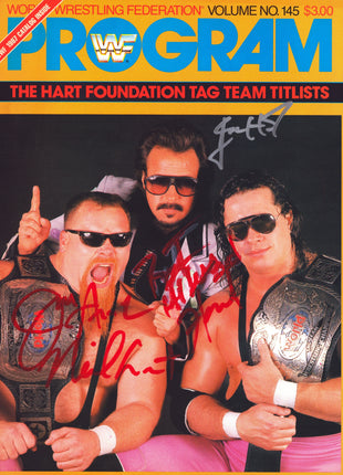 Bret Hart, Jim Neidhart & Jimmy Hart triple signed WWF Program Volume 145