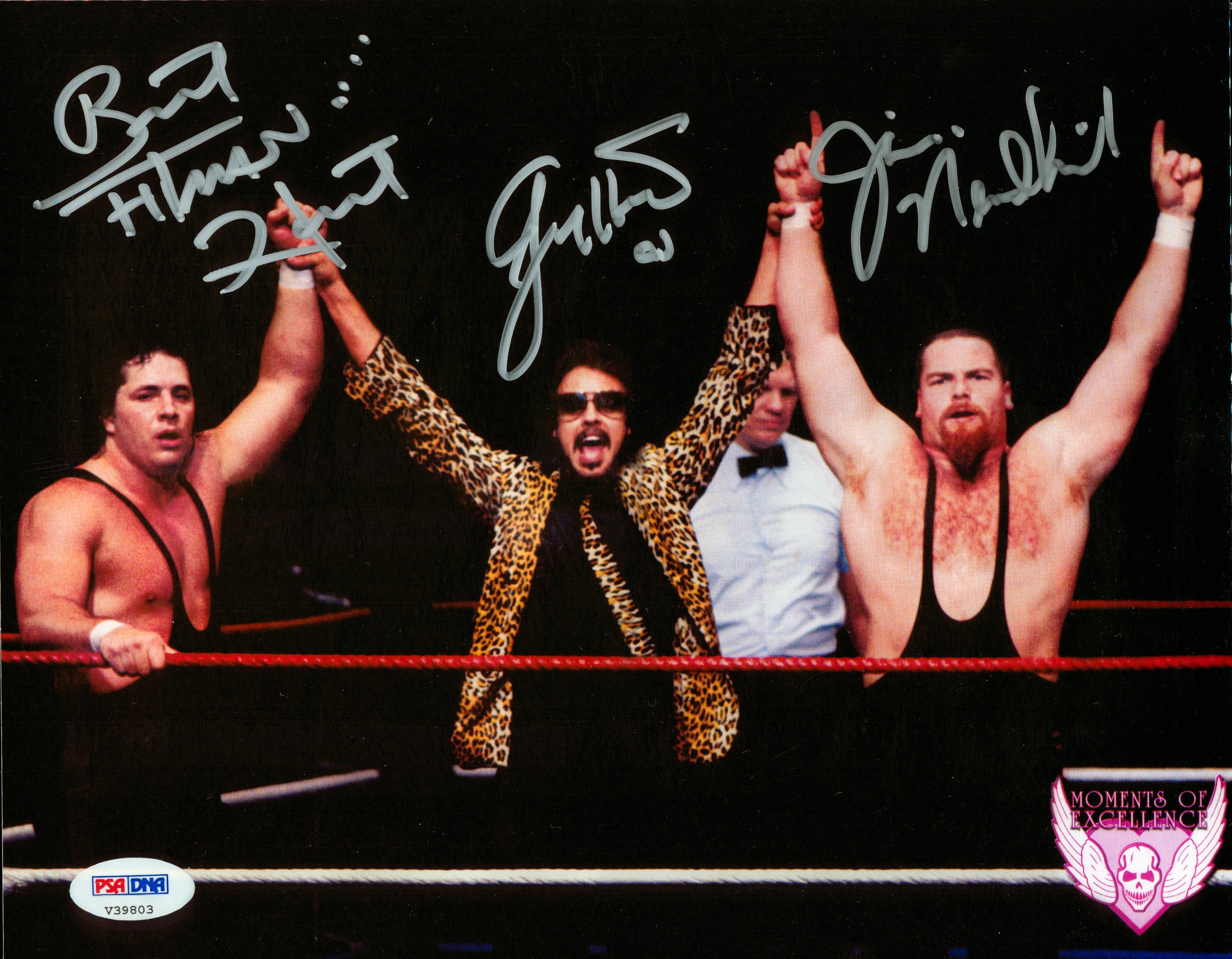 Bret Hart, Jimmy Hart & Jim Neidhart triple signed 8x10 Photo (w/ PSA