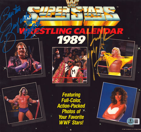 Calendario de Superestrellas de la WWF de 1989 firmado por Hulk Hogan y Brutus Beefcake (con Beckett)