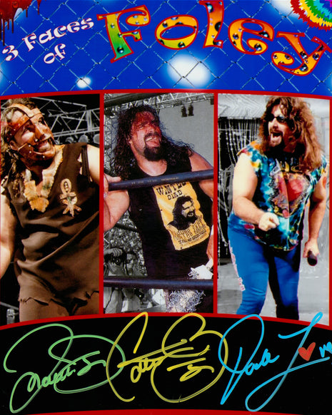 Cactus Jack, Dude Love & Mankind triple signed Metallic 8x10 Photo