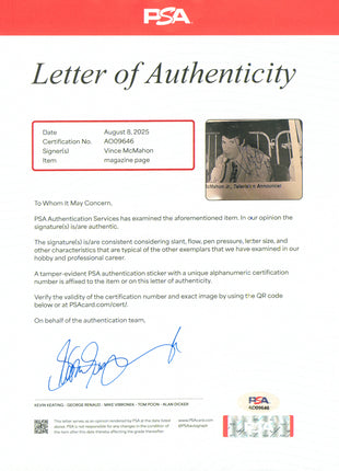 Vince McMahon signed Magazine Page (w/ PSA)