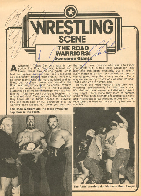 Hawk, Animal, & Paul Ellering triple signed Magazine Page (w/ PSA)