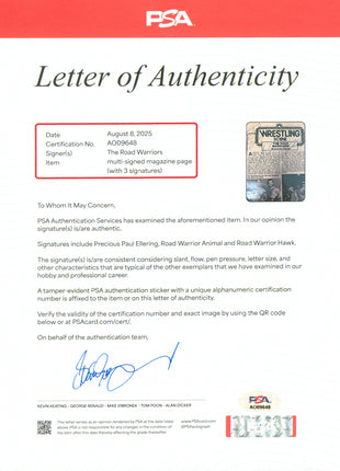 Hawk, Animal, & Paul Ellering triple signed Magazine Page (w/ PSA)