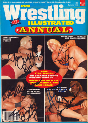 Hulk Hogan, Ric Flair, Jimmy Snuka, Ken Patera, Tommy Rich, Bob Backlund multi-signed Pro Wrestling Illustrated Summer 1983