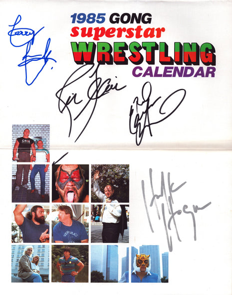 Terry Funk, Ric Flair, Animal & Hulk Hogan multi-signed 1985 Gong Wrestling Calendar
