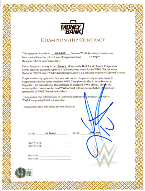 Liv Morgan signed MITB Contract 8x10 Photo (w/ Beckett)