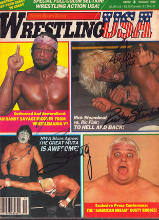 Ric Flair, Great Muta, Ricky Steamboat & Sting multi-signed Wrestling USA Magazine October 1989