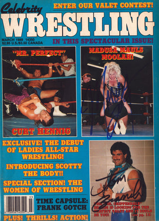 Madusa & Tom Brandi dual signed Celebrity Wrestling Magazine March 1989