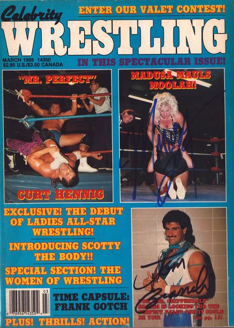 Madusa & Tom Brandi dual signed Celebrity Wrestling Magazine March 1989