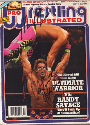 Macho Man Randy Savage & Ultimate Warrior dual signed Pro Wrestling Illustrated Magazine October 1992