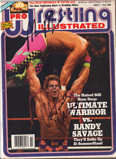 Macho Man Randy Savage & Ultimate Warrior dual signed Pro Wrestling Illustrated Magazine October 1992