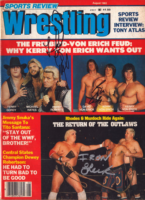 Michael Hayes, Kevin Von Erich & Iron Sheik triple signed Sports Review Wrestling Magazine August 1983